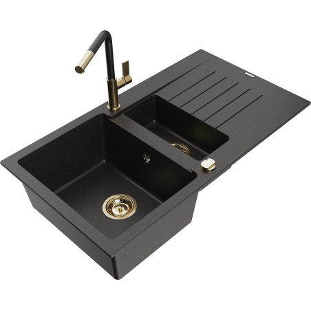 Mexen Matias 1,5-fachiges Granitspülbecken mit Abtropffläche und Küchenarmatur Flora, schwarz/gold - 6502-75-670401-57-G
