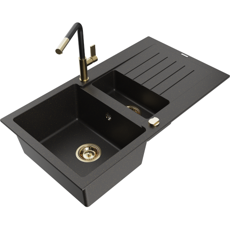 Mexen Matias Granitspüle 1,5-Becken mit Abtropffläche und Küchenarmatur Flora, schwarz/gold - 6502-75-670401-57-G