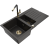Mexen Matias Granitspüle 1,5-Becken mit Abtropffläche und Küchenarmatur Flora, schwarz/gold - 6502-75-670401-57-G
