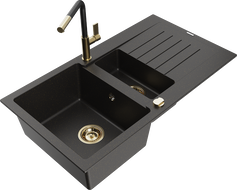 Mexen Matias Granitspüle 1,5-Becken mit Abtropffläche und Küchenarmatur Flora, schwarz/gold - 6502-75-670401-57-G