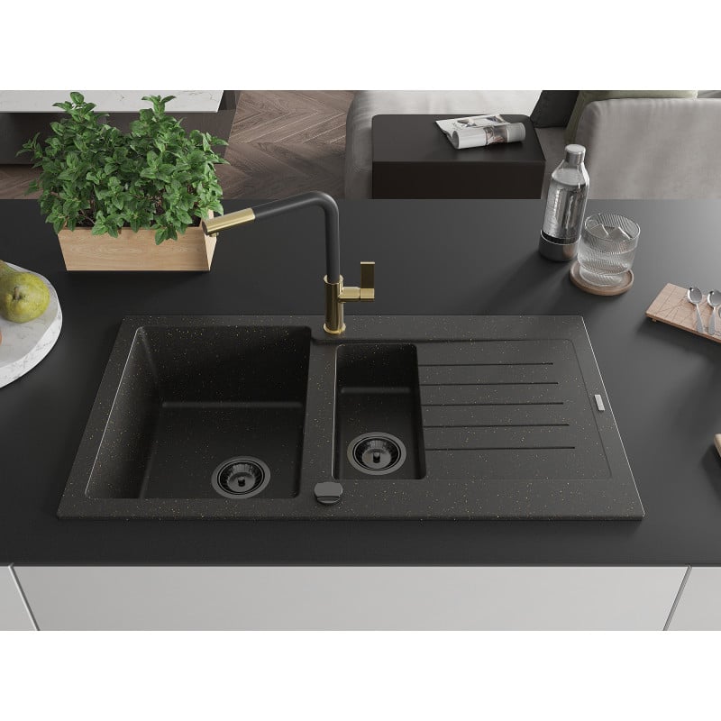 Mexen Matias Granitspüle 1,5-Becken mit Abtropffläche und Küchenarmatur Flora, Schwarz/Gold - 6502-75-670401-57-B