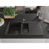Mexen Matias Granitspüle 1,5-Becken mit Abtropffläche und Küchenarmatur Flora, Schwarz/Gold - 6502-75-670401-57-B