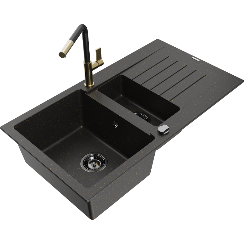 Mexen Matias Granitspüle 1,5-Becken mit Abtropffläche und Küchenarmatur Flora, Schwarz/Gold - 6502-75-670401-57-B