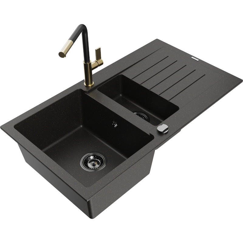Mexen Matias Granitspüle 1,5-Kammer mit Abtropffläche und Küchenarmatur Flora, schwarz/gold - 6502-75-670401-57-B