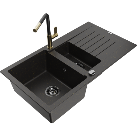 Mexen Matias Granitspüle 1,5-Becken mit Abtropffläche und Küchenarmatur Flora, Schwarz/Gold - 6502-75-670401-57-B