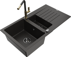 Mexen Matias Granitspüle 1,5-Becken mit Abtropffläche und Küchenarmatur Flora, Schwarz/Gold - 6502-75-670401-57-B