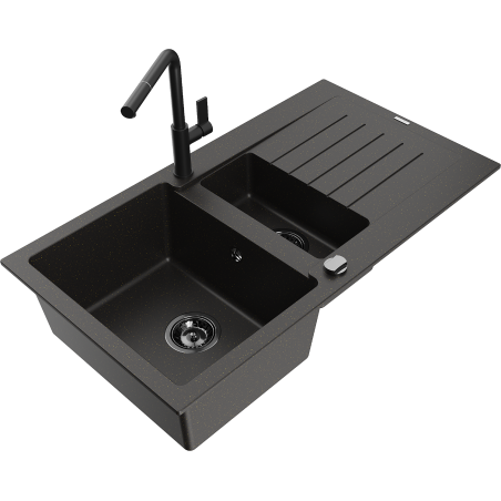 Mexen Matias Granitspüle 1,5-Becken mit Abtropffläche und Küchenarmatur Flora, schwarz/gold - 6502-75-670401-70-B