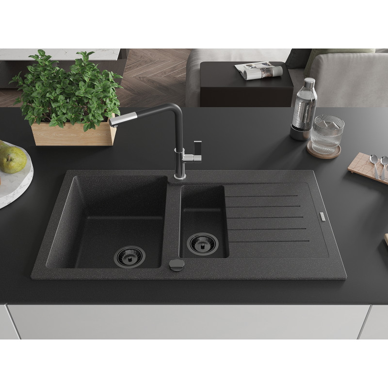 Mexen Matias Granitspüle 1,5-fach mit Abtropffläche und Küchenarmatur Flora, schwarz gesprenkelt - 6502-76-670401-07-B