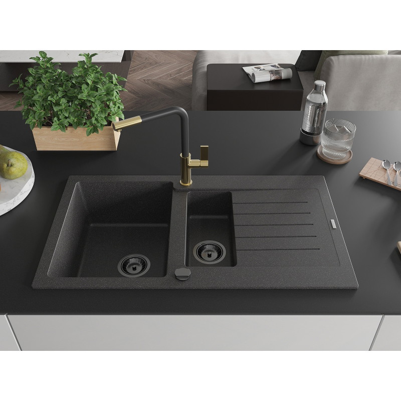 Mexen Matias Granitspülbecken 1,5-fach mit Abtropfablage und Küchenarmatur Flora, schwarz gesprenkelt - 6502-76-670401-57-B