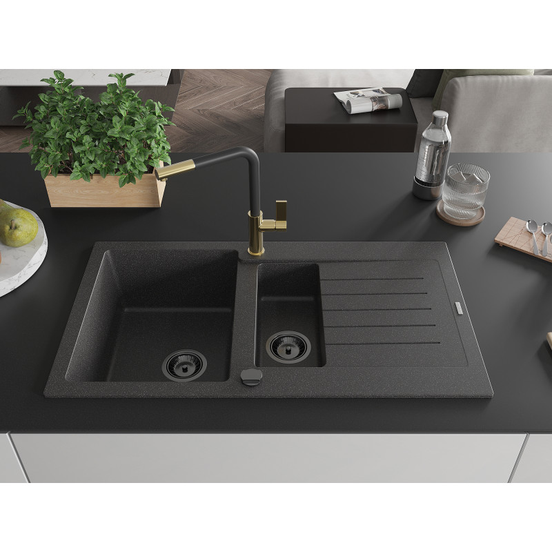 Mexen Matias Granitspüle 1,5-Becken mit Abtropffläche und Küchenarmatur Flora, schwarz gesprenkelt - 6502-76-670401-57-B