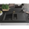 Mexen Matias Granitspüle 1,5-Becken mit Abtropffläche und Küchenarmatur Flora, schwarz gesprenkelt - 6502-76-670401-57-B