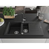 Mexen Matias Granitspüle 1,5 Kammern mit Abtropffläche und Küchenarmatur Flora, schwarz - 6502-77-670401-07