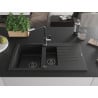 Mexen Matias Granitspüle 1,5-beckig mit Abtropffläche und Küchenarmatur Flora, schwarz - 6502-77-670401-07-B