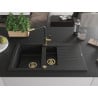 Mexen Matias Granitspüle 1,5-fach mit Abtropffläche und Küchenarmatur Flora, schwarz - 6502-77-670401-57-G