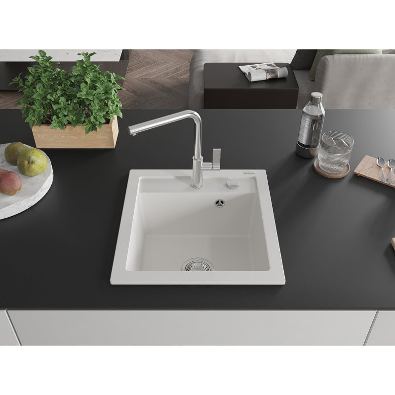 Mexen Vito Granitspüle 1-Becken mit Küchenarmatur Flora, weiß - 6503-20-670401-00