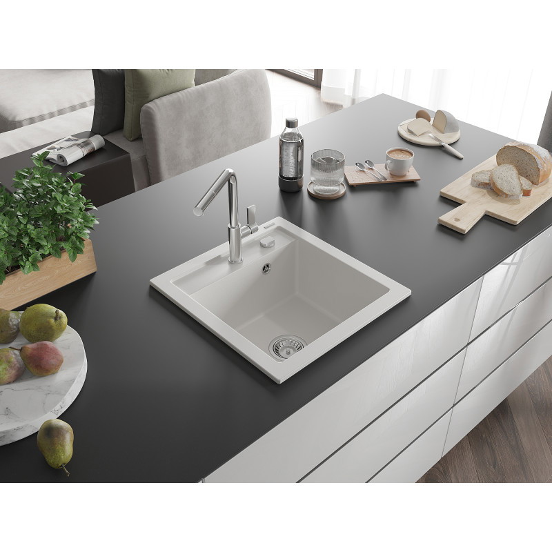 Mexen Vito Granitspüle 1-Becken mit Küchenarmatur Flora, weiß - 6503-20-670401-00