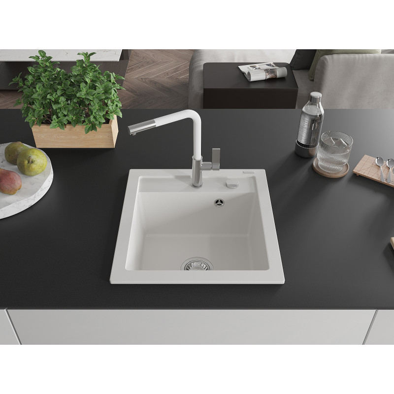 Mexen Vito Granitspüle 1-Becken mit Küchenarmatur Flora, Weiß - 6503-20-670401-02