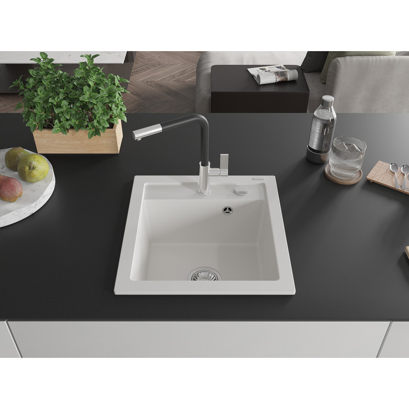 Mexen Vito Granitspüle 1-Becken mit Küchenarmatur Flora, weiß - 6503-20-670401-07