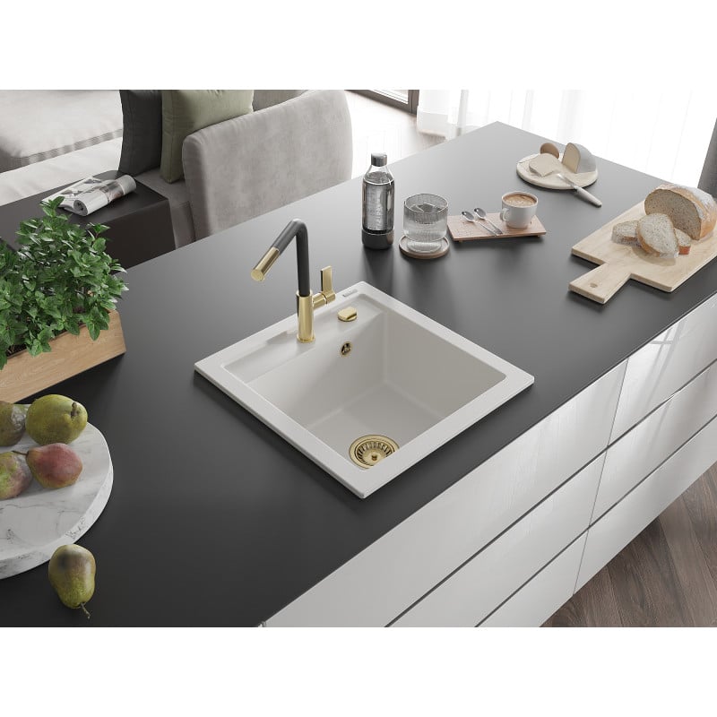 Mexen Vito Granitspüle 1-beckig mit Küchenarmatur Flora, weiß - 6503-20-670401-57-G