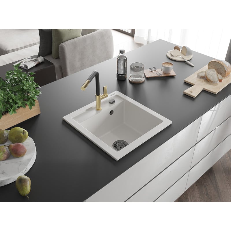 Mexen Vito Granitspüle 1-Komponenten mit Küchenarmatur Flora, Weiß - 6503-20-670401-57-B