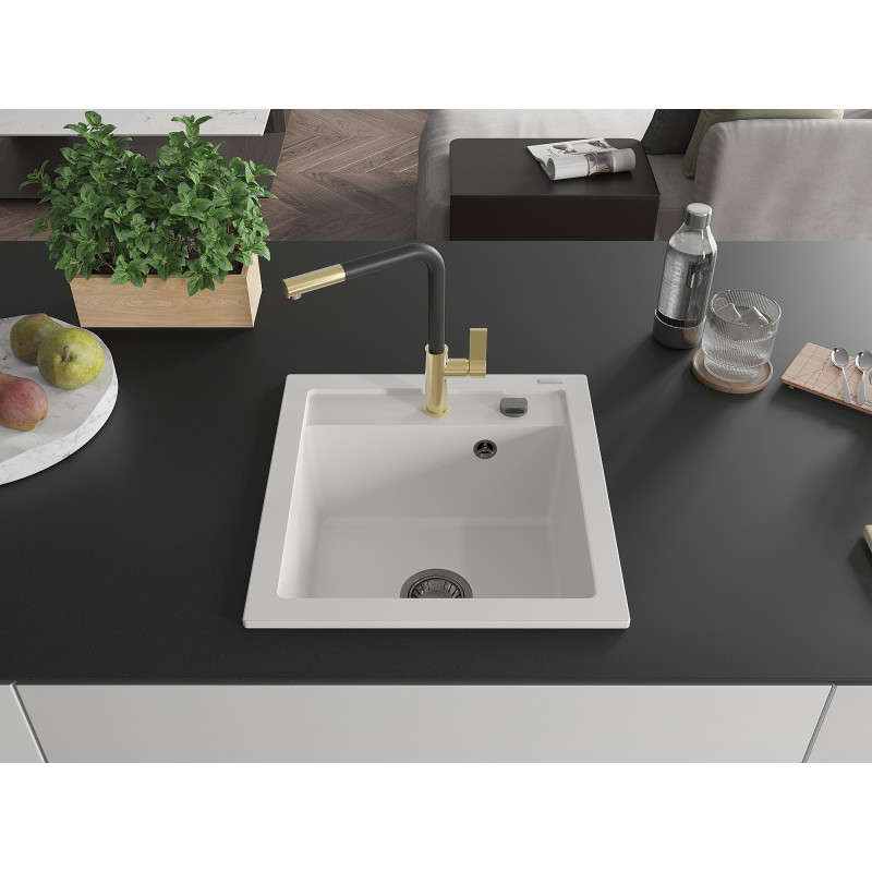 Mexen Vito Granitspüle 1-Komponenten mit Küchenarmatur Flora, Weiß - 6503-20-670401-57-B