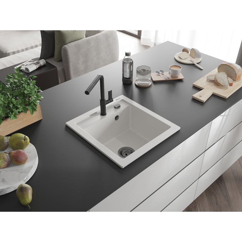 Mexen Vito Granitspüle 1-Kammer mit Küchenarmatur Flora, Weiß - 6503-20-670401-70-B