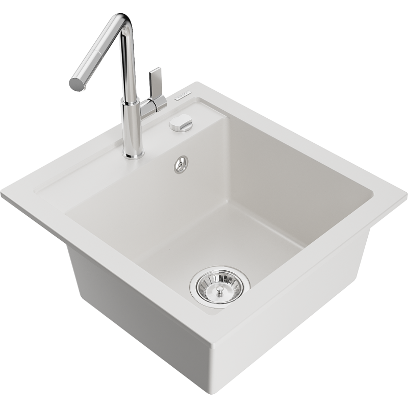 Mexen Vito Granitspüle 1-Becken mit Küchenarmatur Flora, weiß - 6503-20-670401-00