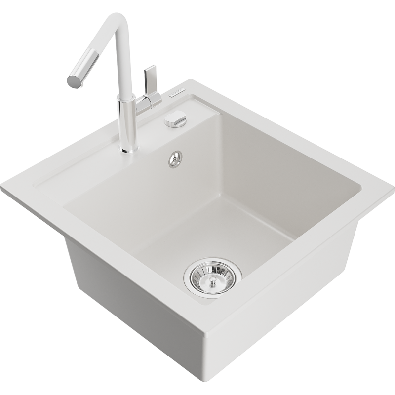 Mexen Vito Granitspüle 1-Becken mit Küchenarmatur Flora, Weiß - 6503-20-670401-02