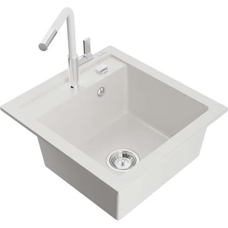 Mexen Vito Granitspüle 1-Becken mit Küchenarmatur Flora, Weiß - 6503-20-670401-02
