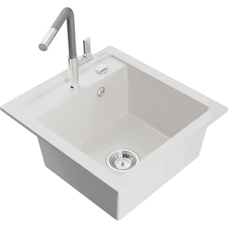 Mexen Vito Granitspüle 1-Becken mit Küchenarmatur Flora, weiß - 6503-20-670401-06