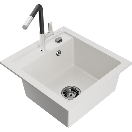 Mexen Vito Granitspüle 1-fach mit Küchenarmatur Flora, weiß - 6503-20-670401-07-B