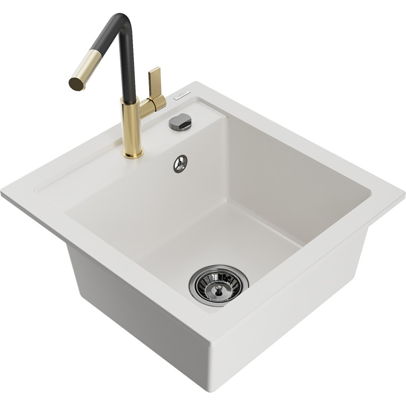 Mexen Vito Granitspüle 1-Becken mit Küchenarmatur Flora, weiß - 6503-20-670401-57-B