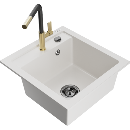 Mexen Vito Granitspüle 1-Becken mit Küchenarmatur Flora, weiß - 6503-20-670401-57-B