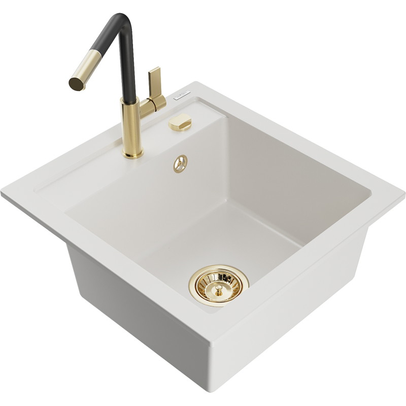 Mexen Vito granitspüle 1-becken mit Küchenarmatur Flora, weiß - 6503-20-670401-57-G