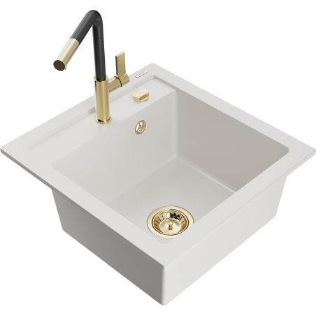 Mexen Vito granitspüle 1-becken mit Küchenarmatur Flora, weiß - 6503-20-670401-57-G