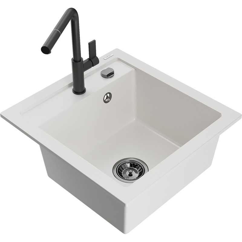 Mexen Vito Granitspüle 1-beckig mit Küchenarmatur Flora, weiß - 6503-20-670401-70-B