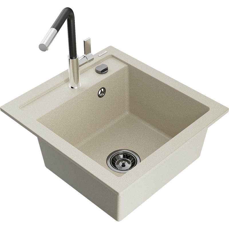 Mexen Vito Granitspüle 1-beckig mit Küchenarmatur Flora, beige - 6503-69-670401-07-B