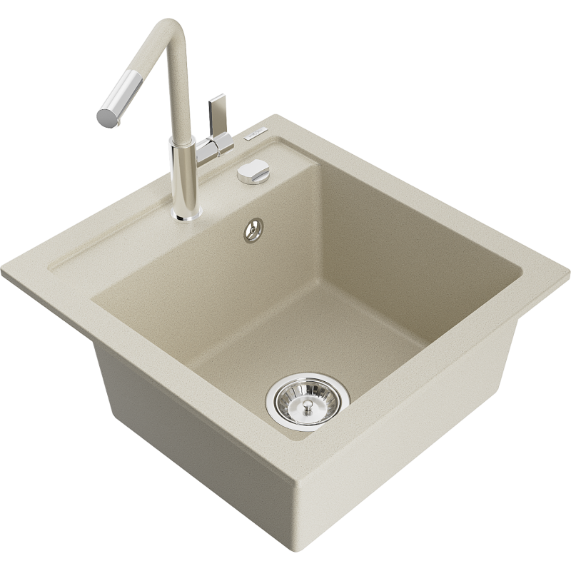 Mexen Vito 1-Becken Granitspüle mit Küchenarmatur Flora, beige - 6503-69-670401-09