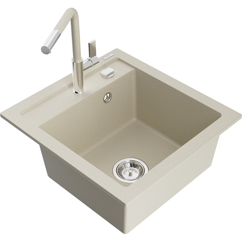 Mexen Vito Granitspüle 1-Becken mit Küchenarmatur Flora, beige - 6503-69-670401-09