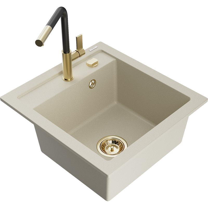 Mexen Vito Granitspüle, 1 Becken mit Küchenarmatur Flora, Beige - 6503-69-670401-57-G