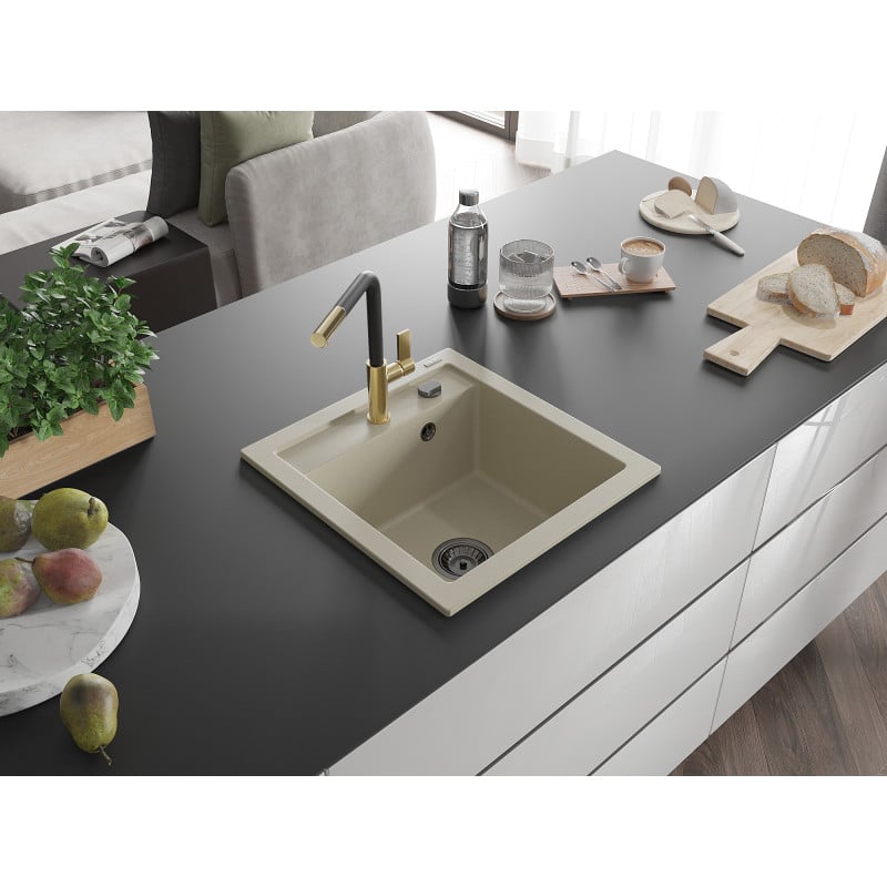 Mexen Vito Granitspüle 1-Becken mit Küchenarmatur Flora, beige - 6503-69-670401-57-B
