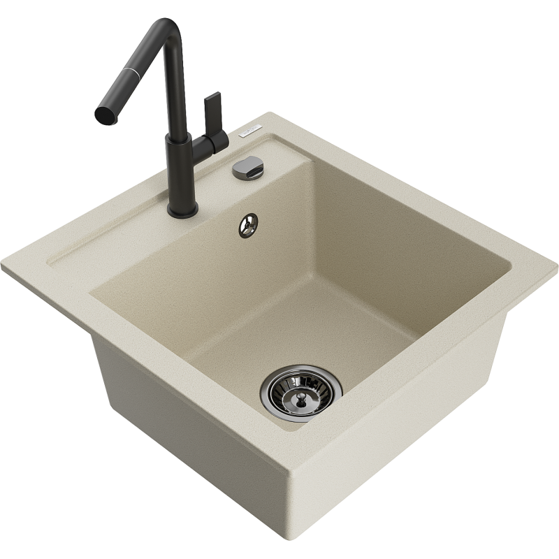 Mexen Vito Granitspüle 1-Schüssel mit Küchenarmatur Flora, beige - 6503-69-670401-70-B