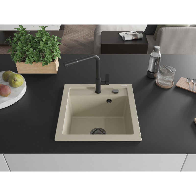 Mexen Vito Granitspüle 1-Schüssel mit Küchenarmatur Flora, beige - 6503-69-670401-70-B
