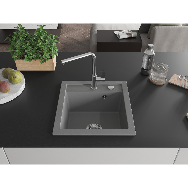 Mexen Vito Granitspüle 1-becken mit Küchenarmatur Flora, grau - 6503-71-670401-00