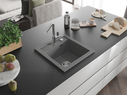 Mexen Vito Granitspüle 1-becken mit Küchenarmatur Flora, grau - 6503-71-670401-00