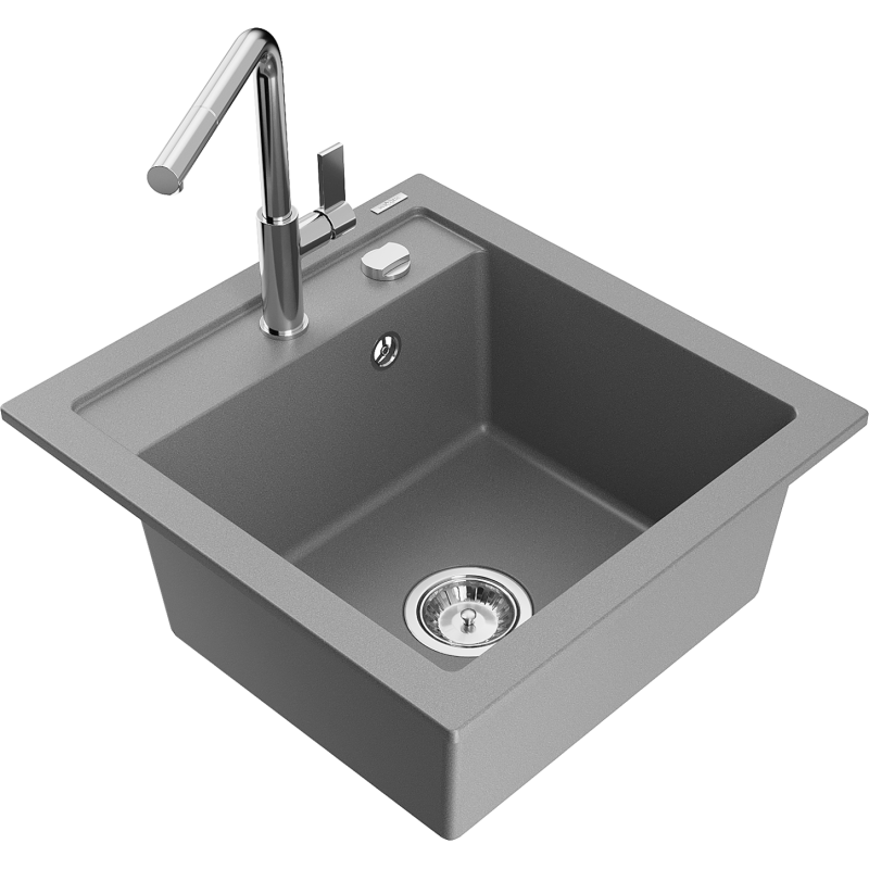 Mexen Vito Granitspüle 1-becken mit Küchenarmatur Flora, grau - 6503-71-670401-00