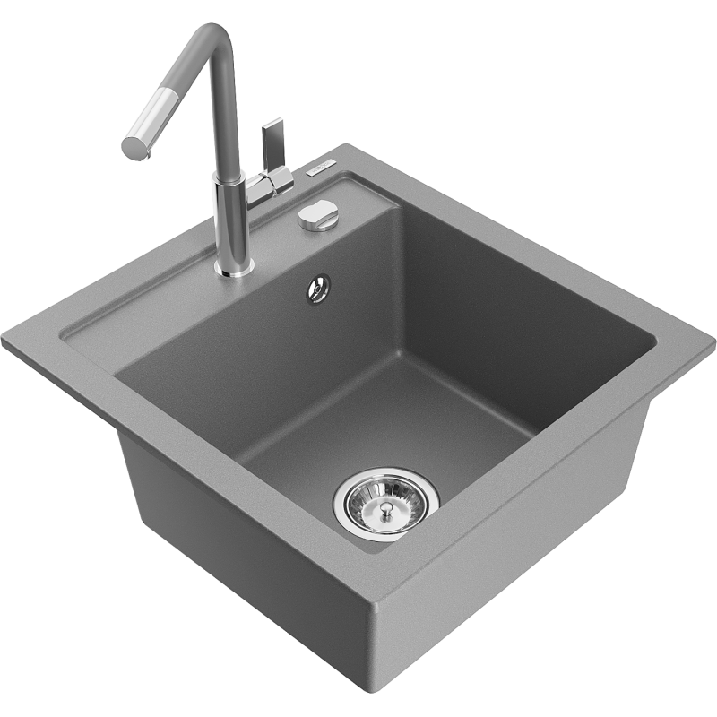 Mexen Vito Granitspüle 1-becken mit Küchenarmatur Flora, grau - 6503-71-670401-06