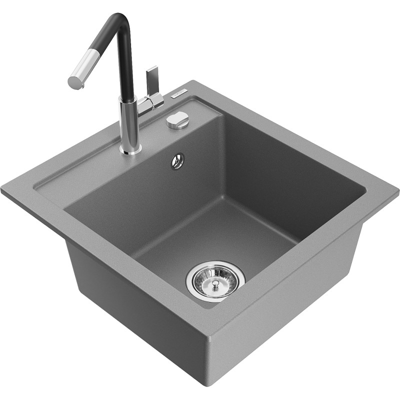 Mexen Vito Granit-Spüle mit 1 Becken und Küchenarmatur Flora, grau - 6503-71-670401-07