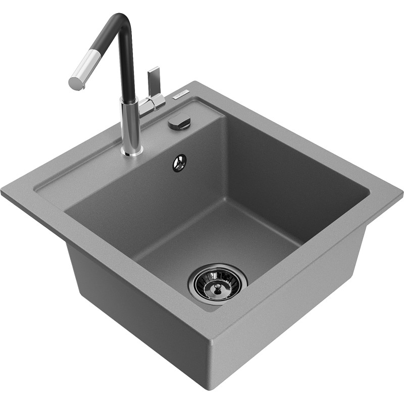 Mexen Vito Einbauspüle aus Granit mit 1 Becken und Küchenarmatur Flora, grau - 6503-71-670401-07-B