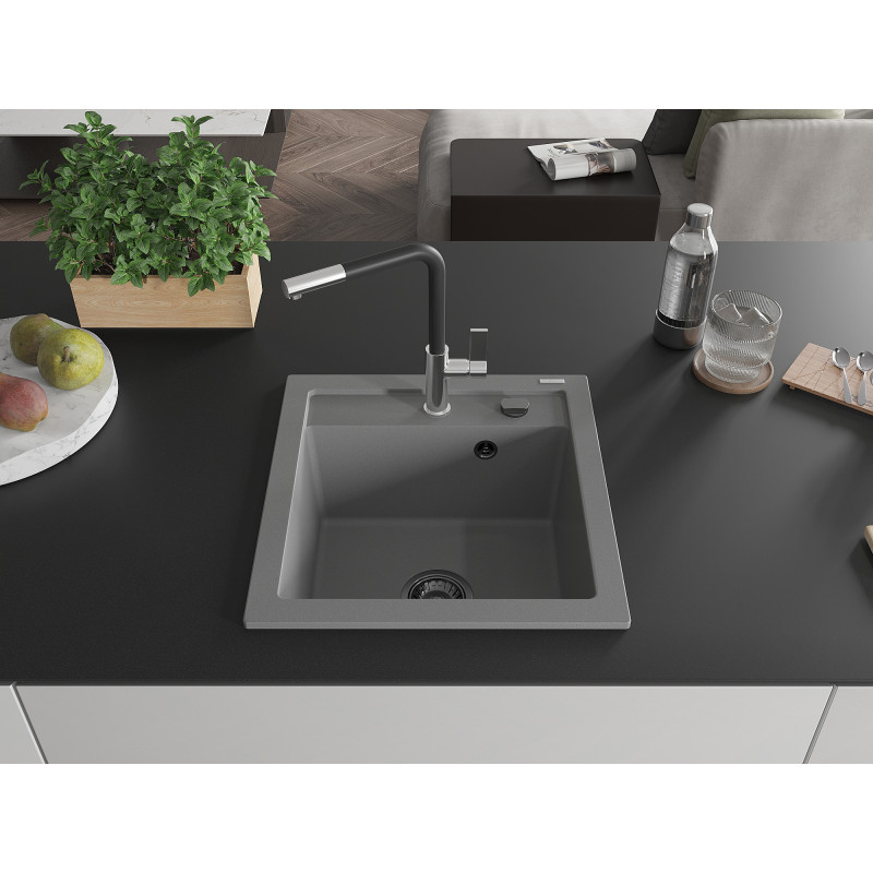 Mexen Vito Granitspüle 1-beckig mit Küchenarmatur Flora, grau - 6503-71-670401-07-B